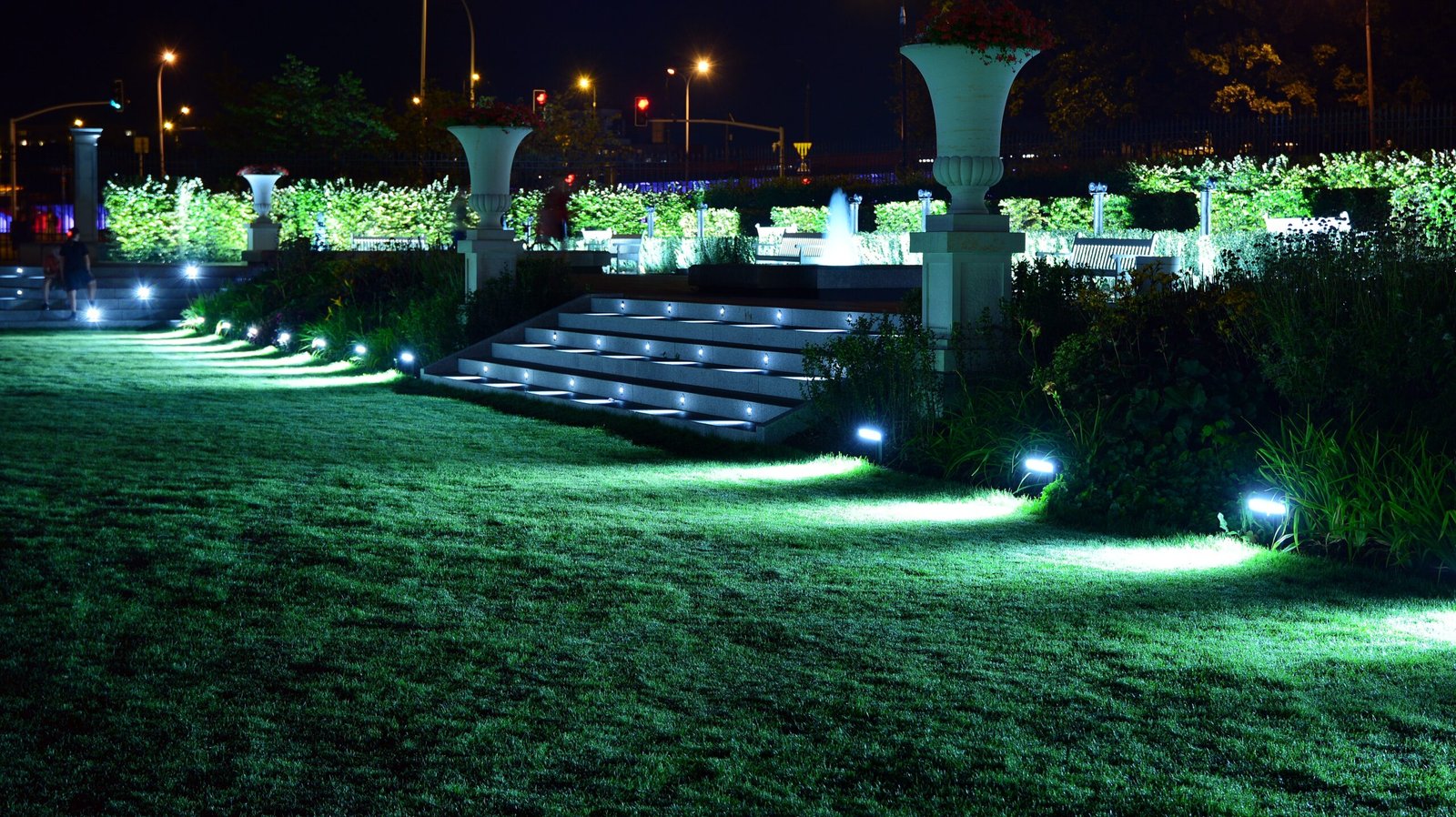 Exterior Garden Lights installed along a modern backyard pathway