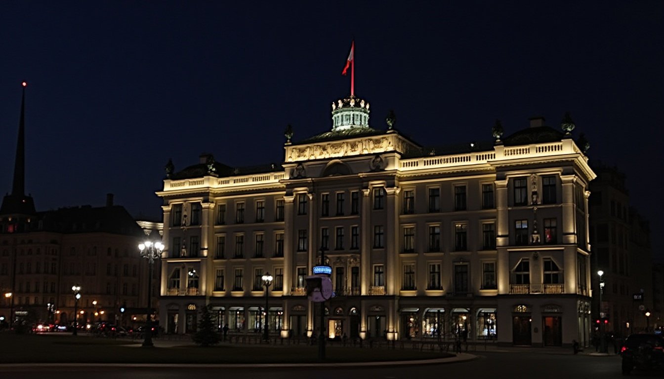 Bright facade light accentuating entrance of a luxury hotel