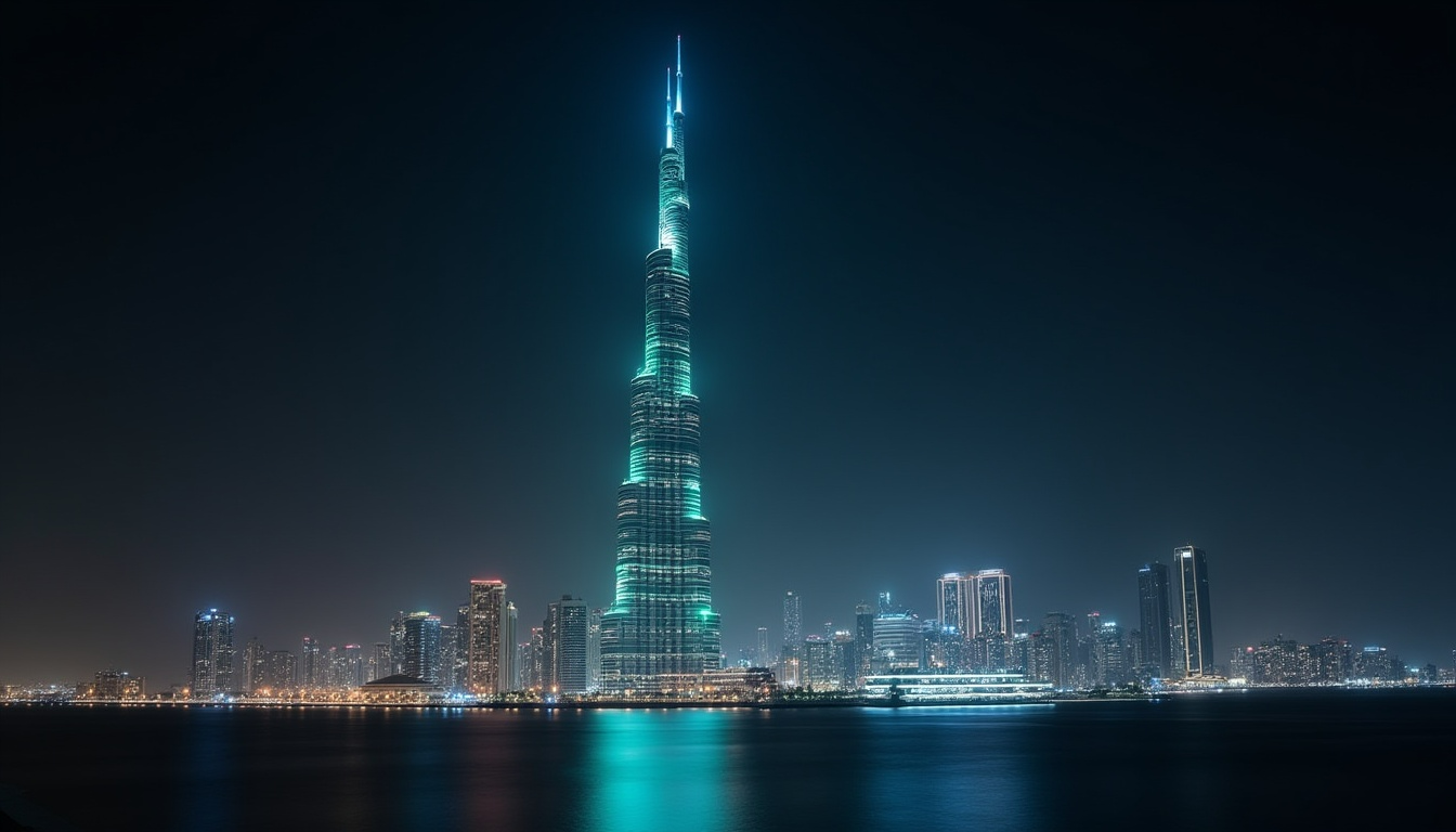 Downtown skyline featuring colorful facade lighting in Dubai.