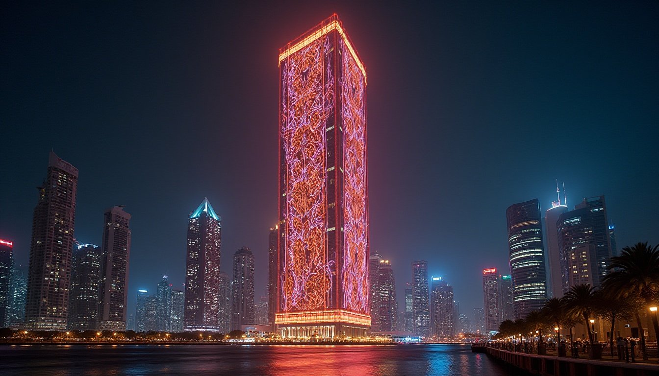 Stunning facade lighting in Dubai illuminating modern skyscrapers at night