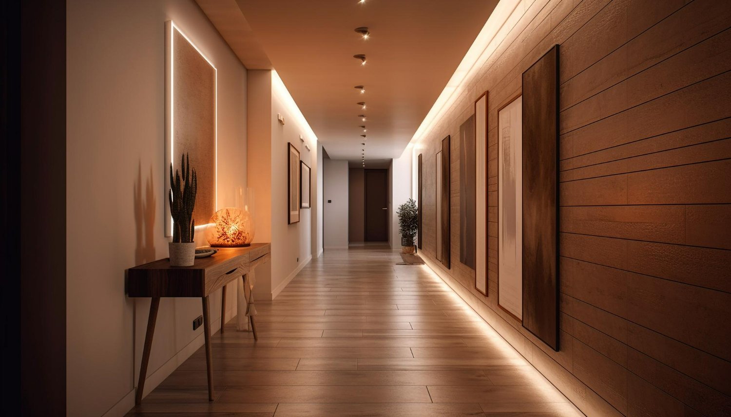 Minimalist facade ceiling lighting with recessed fixtures