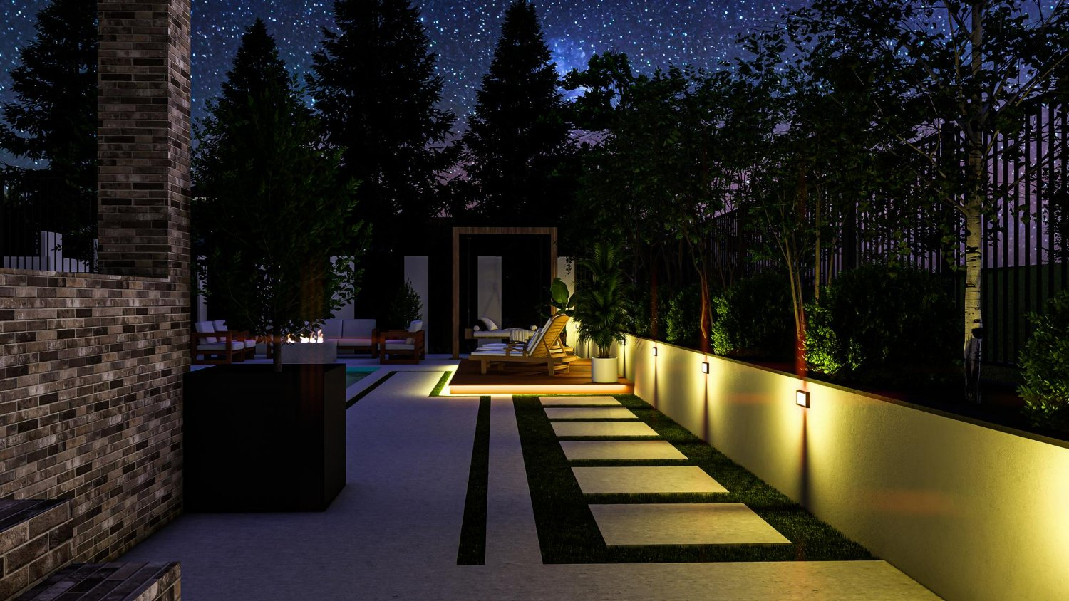 Stylish Outdoor Wall Facade Lighting highlighting architectural details after sunset.